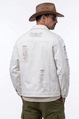 Men's 100% Cotton Ripped White Western Wear Denim Jacket