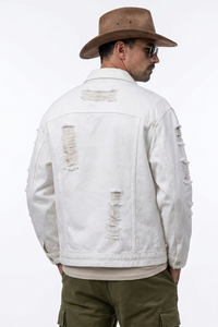Men's 100% Cotton Ripped White Western Wear Denim Jacket