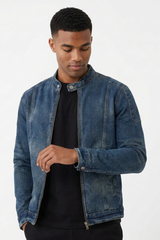 Men's Fall 100% Cotton Vintage Stand Collar Denim Jacket
