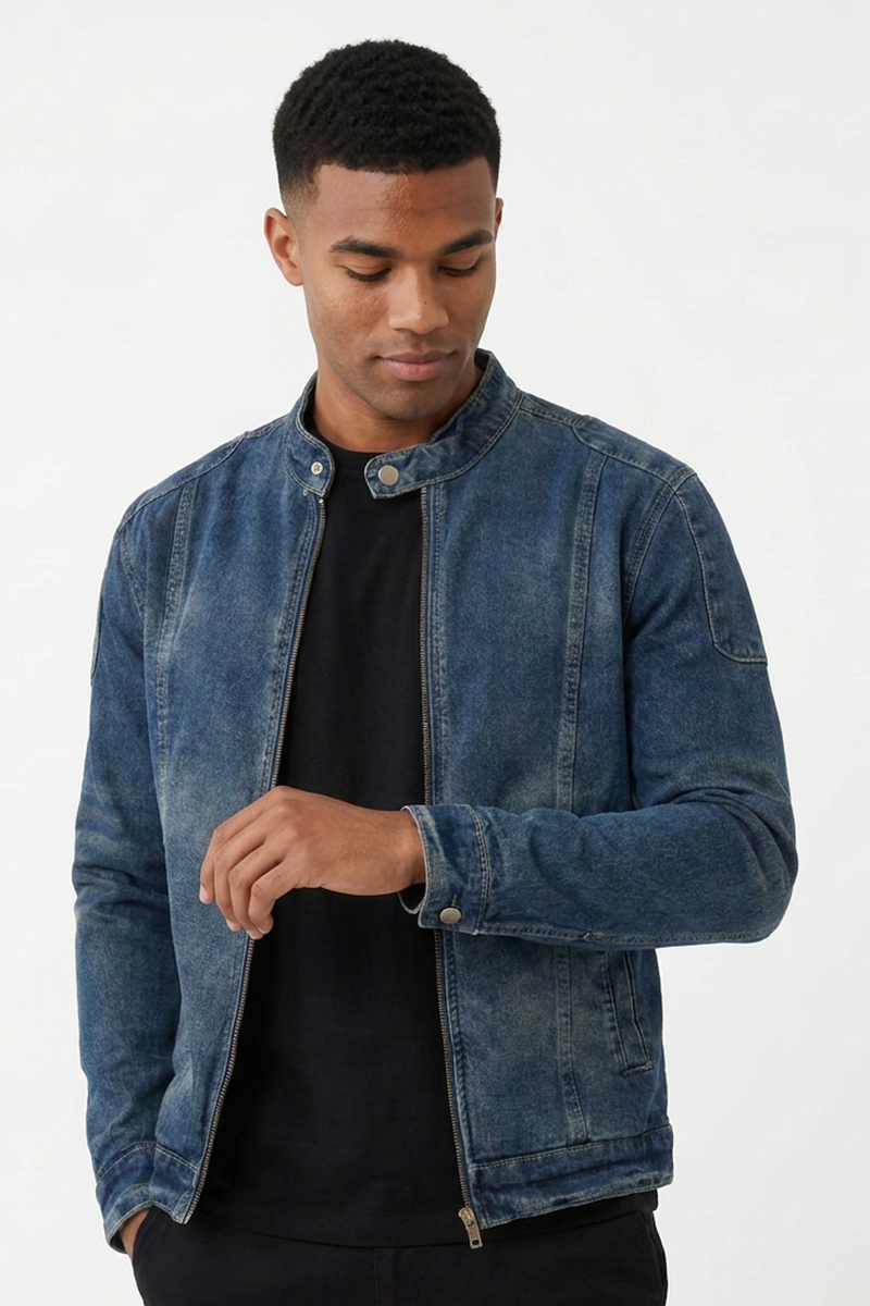 Men's Fall 100% Cotton Vintage Stand Collar Denim Jacket