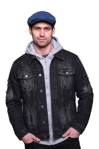 Men's 100% Cotton Washed Black Distressed Denim Jacket