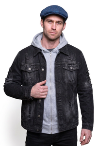Men's 100% Cotton Washed Black Distressed Denim Jacket