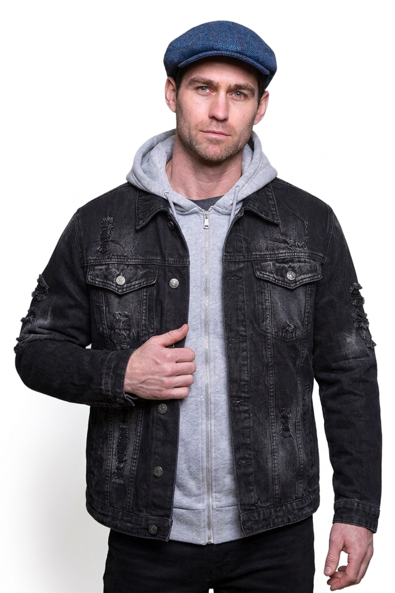 Men's 100% Cotton Washed Black Distressed Denim Jacket
