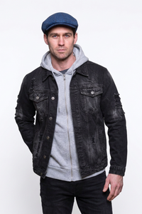 Men's 100% Cotton Washed Black Distressed Denim Jacket