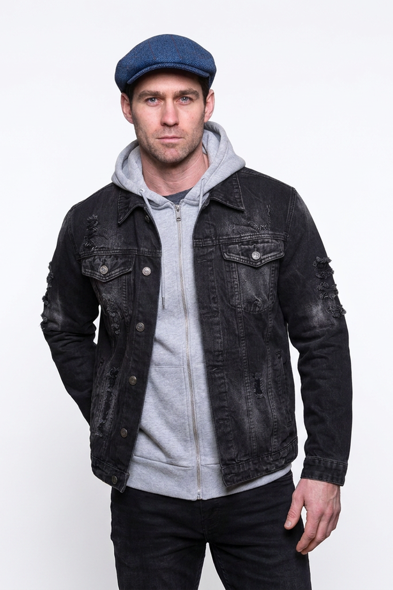 Men's 100% Cotton Washed Black Distressed Denim Jacket