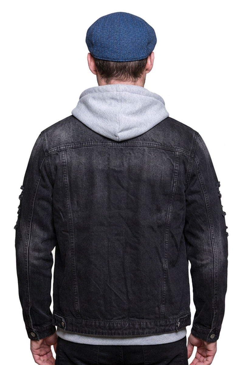 Men's 100% Cotton Washed Black Distressed Denim Jacket